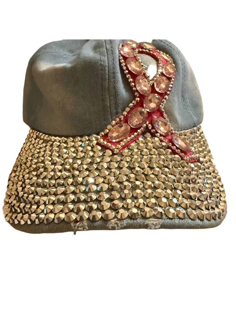 Rhinestone Denim Cap with Pink Cancer Ribbon Accent NWOT